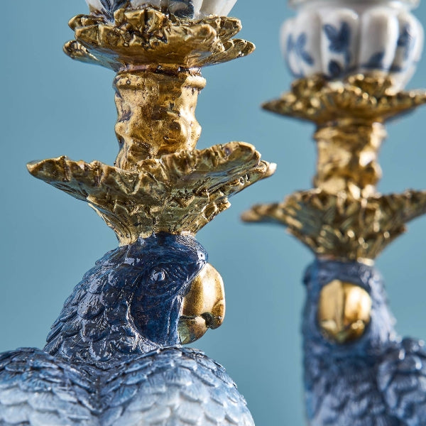 Candle holder parrot, L, blue polyresin, 14x13x39.5 cm