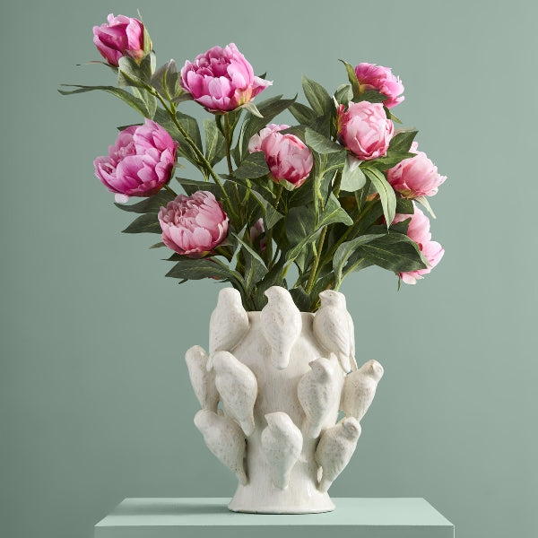 Vase w. birds, L, white, 23x23x27cm