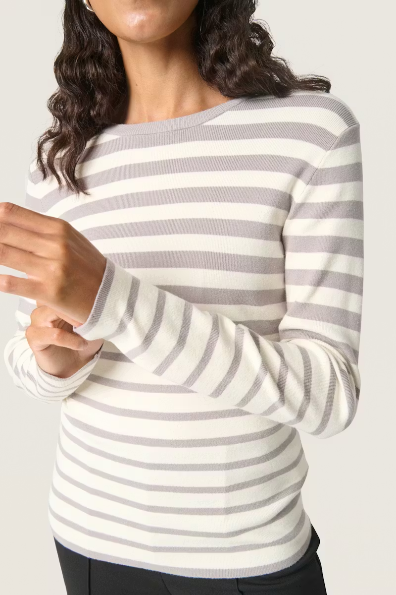 Spina Striped Crew Neck Pullover, Porpoise and White