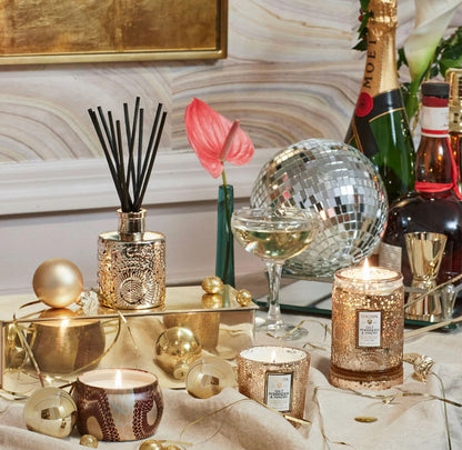 Mini Tin Candle 25h, gilt pomander hinoki