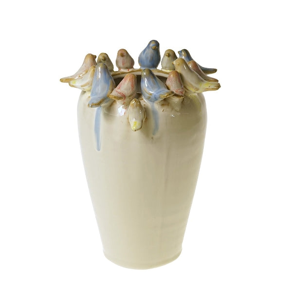 Vase w. birds, L, white, 16.5x17x22.5 cm