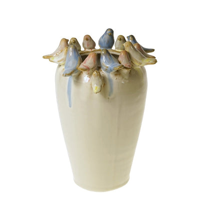 Vase w. birds, L, white, 16.5x17x22.5 cm
