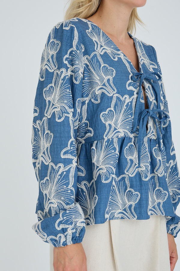 Adina Blouse, denim blue/flowers