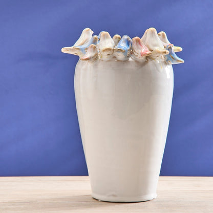Vase w. birds, L, white, 16.5x17x22.5 cm