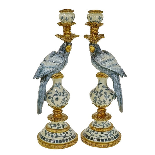 Candle holder parrot, L, blue polyresin, 14x13x39.5 cm