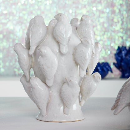 Vase w. birds, L, white, 23x23x27cm