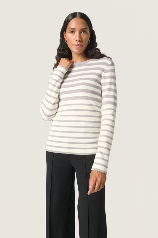 Spina Striped Crew Neck Pullover, Porpoise and White