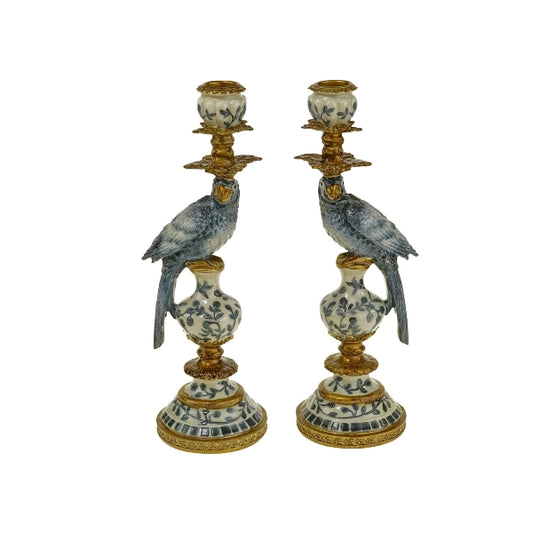 Candle holder parrot, S, blue polyresin, 9x9x28 cm