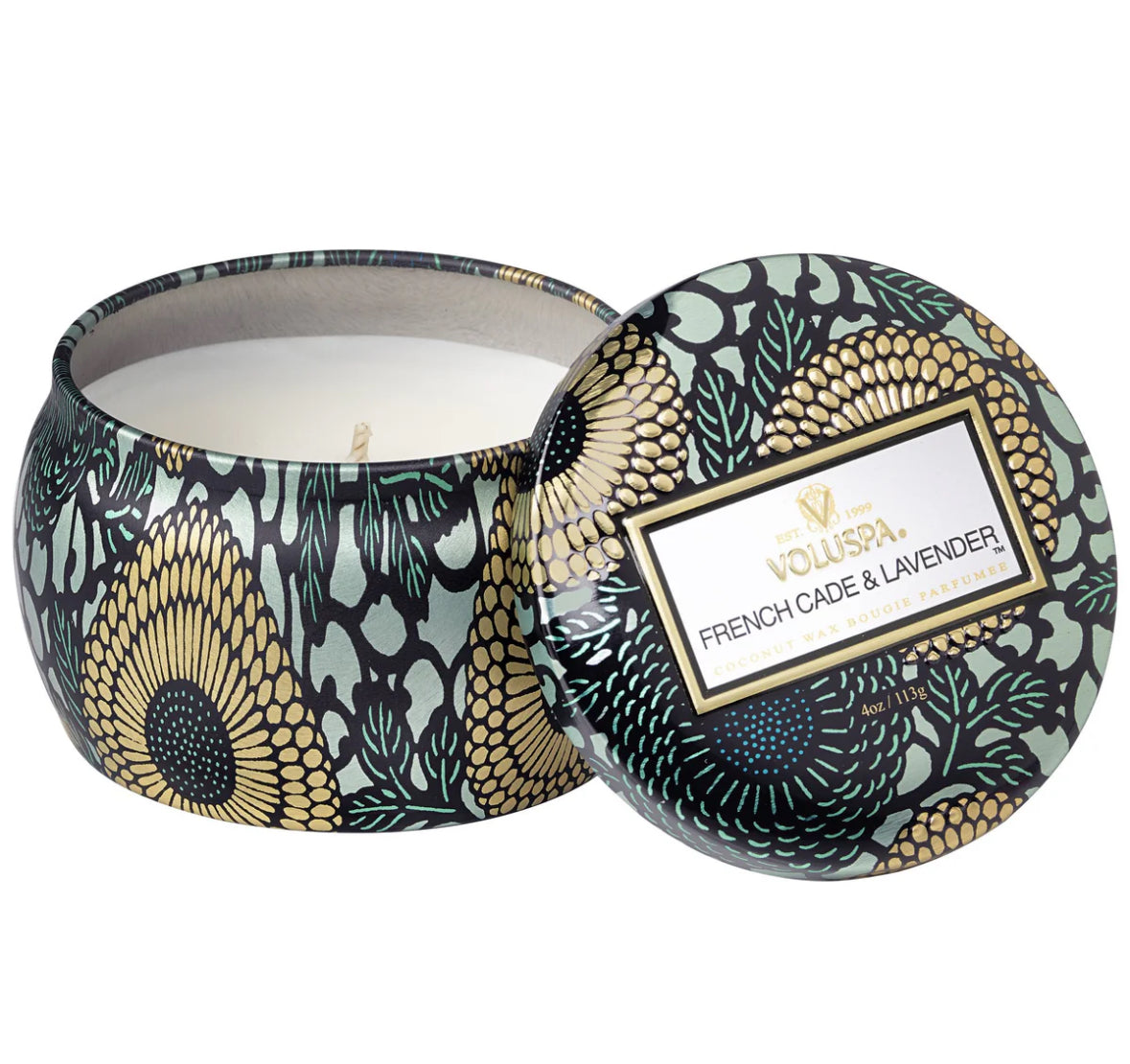 Mini Tin Candle 25h, French cade/lavender
