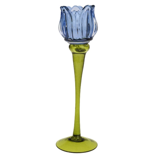 Candle Holder Tulip, L, blue glass
