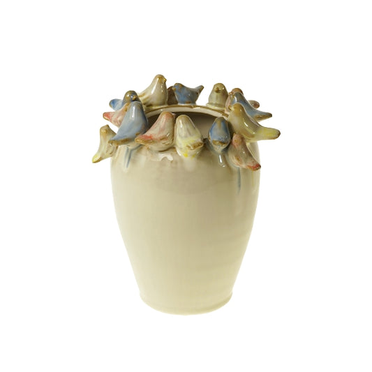 Vase w. birds, S, white, 15x15x18 cm