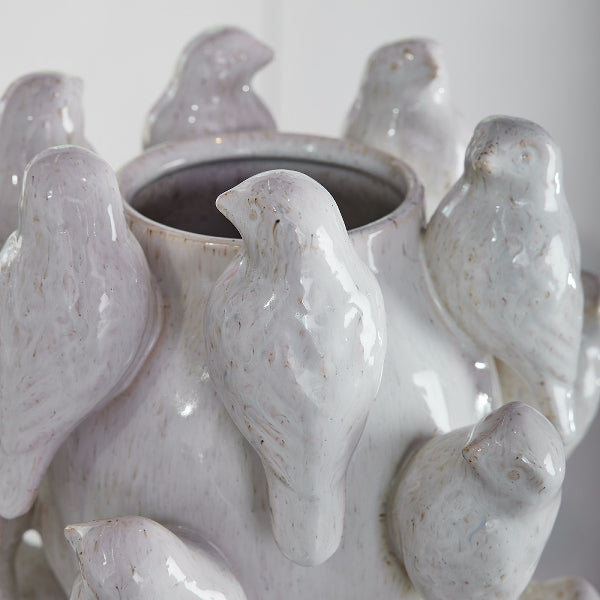 Vase w. birds, L, white, 23x23x27cm