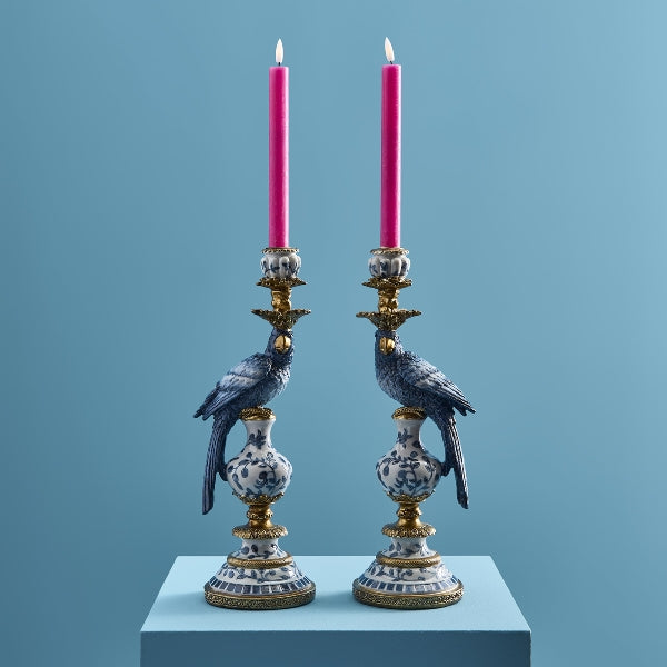 Candle holder parrot, L, blue polyresin, 14x13x39.5 cm