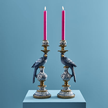 Candle holder parrot, L, blue polyresin, 14x13x39.5 cm