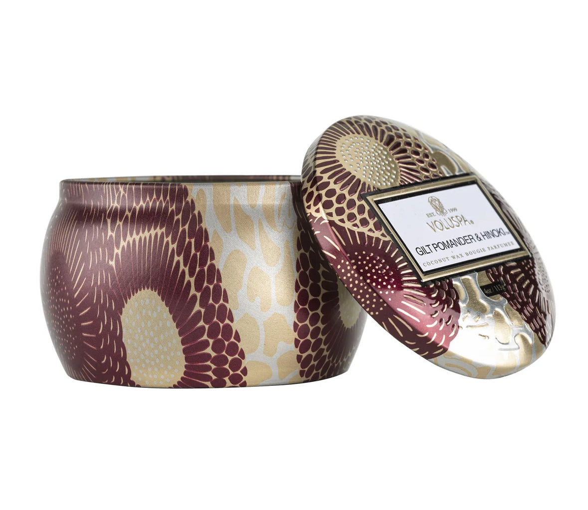 Mini Tin Candle 25h, gilt pomander hinoki