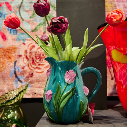 Pitcher w. tulips, blue dolomite, 19x15x20 cm, hand painted