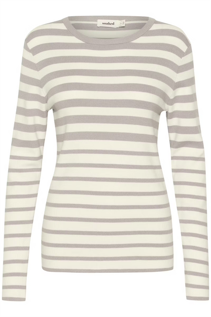 Spina Striped Crew Neck Pullover, Porpoise and White