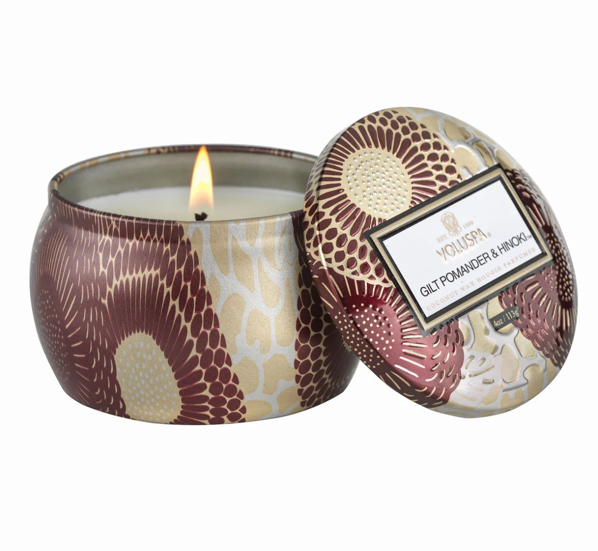 Mini Tin Candle 25h, gilt pomander hinoki