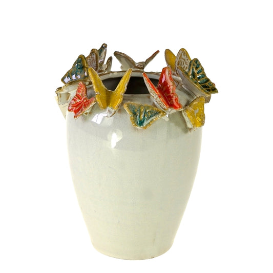 Vase w. butterflies, S, white, 14x17.7 cm