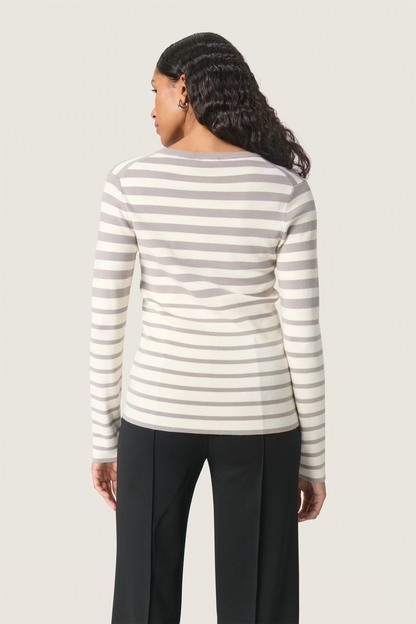 Spina Striped Crew Neck Pullover, Porpoise and White