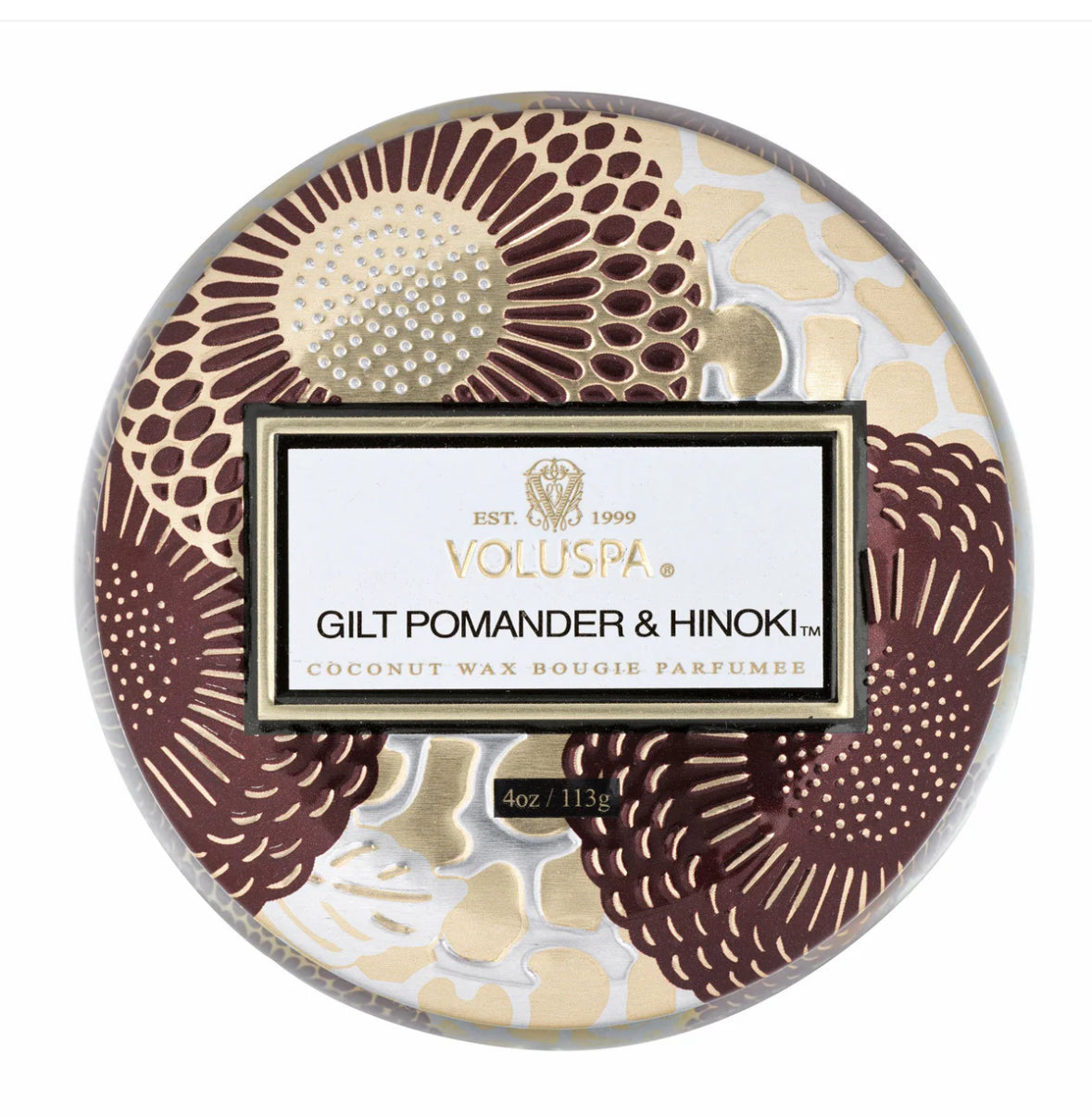 Mini Tin Candle 25h, gilt pomander hinoki