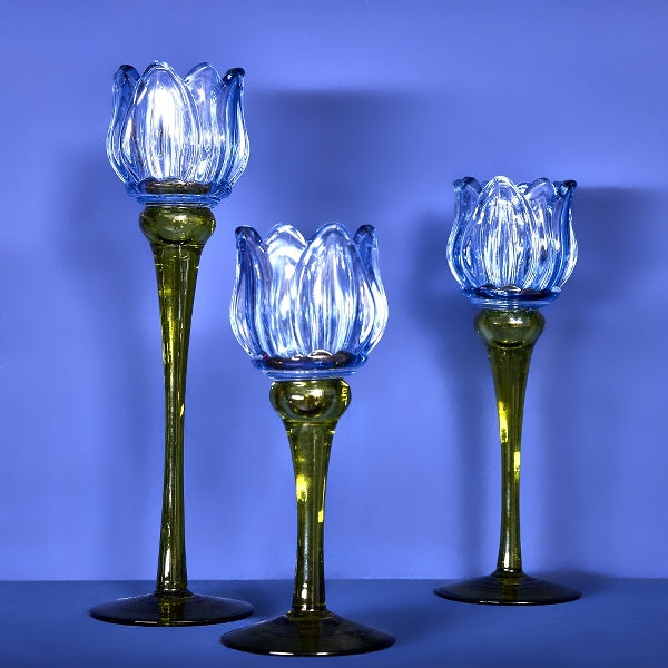 Candle Holder Tulip, M, blue glass