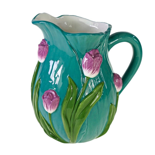 Pitcher w. tulips, blue dolomite, 19x15x20 cm, hand painted