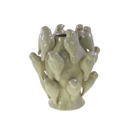 Vase w. birds, L, white, 23x23x27cm