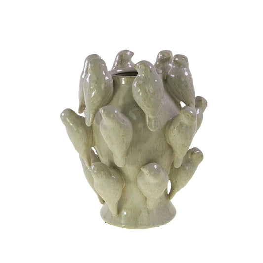 Vase w. birds, L, white, 23x23x27cm
