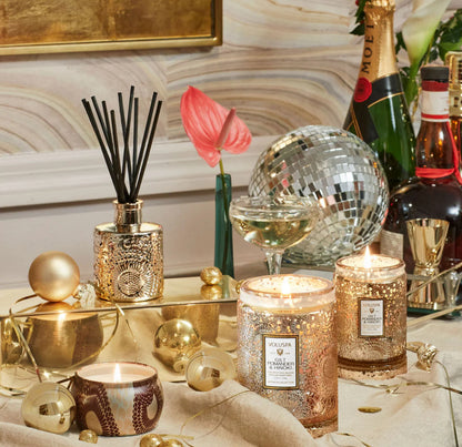 Mini Tin Candle 25h, gilt pomander hinoki