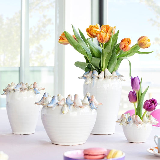 Vase w. birds, L, white, 16.5x17x22.5 cm