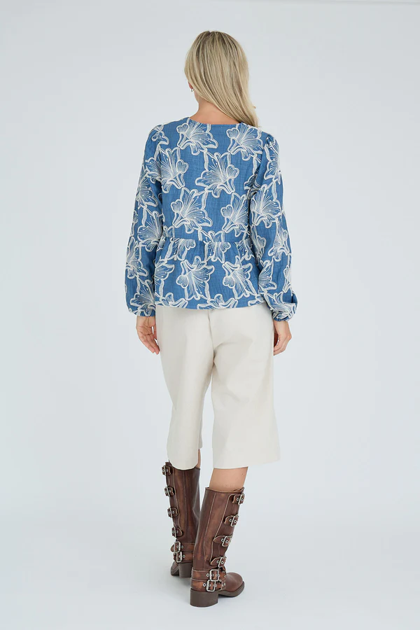 Adina Blouse, denim blue/flowers